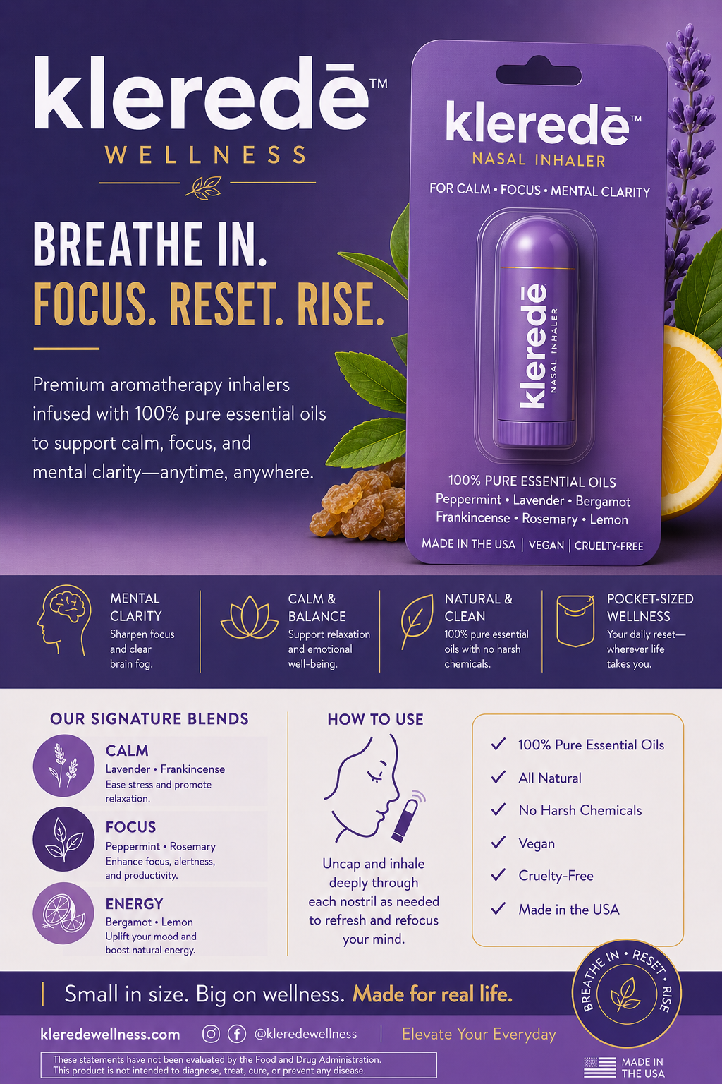 Klerede Wellness Aromatherapy Nasal Inhaler | Calm & Clarity Essential Oil Blend